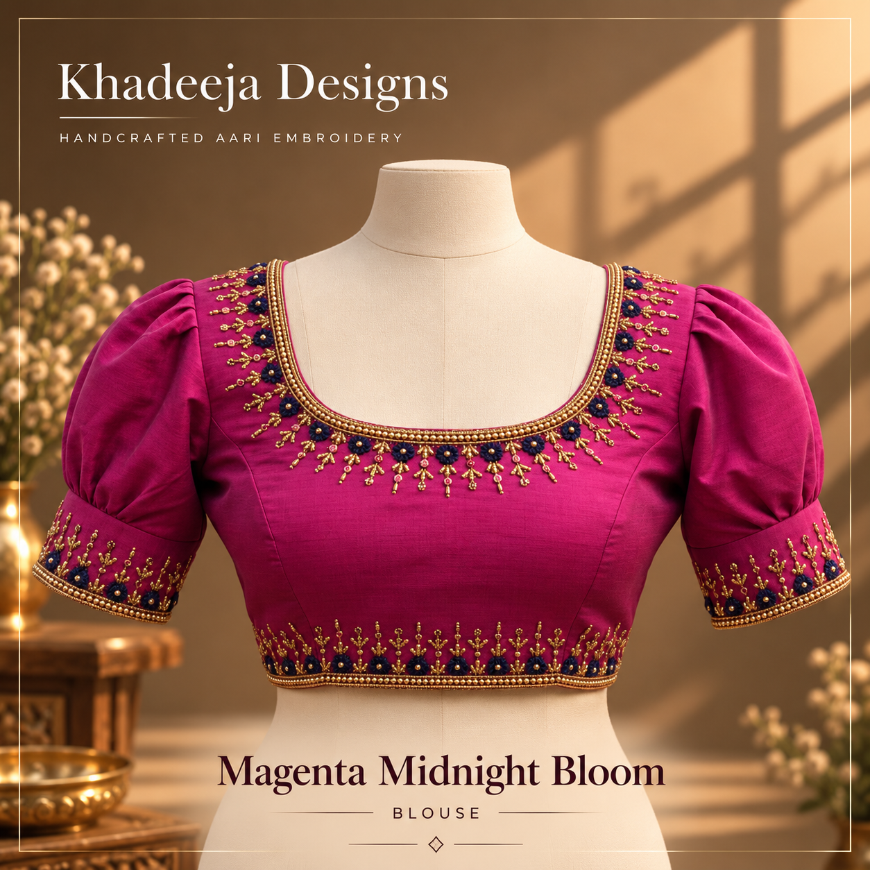 magenta with gold and navy floral accents Aari embroidered blouse design